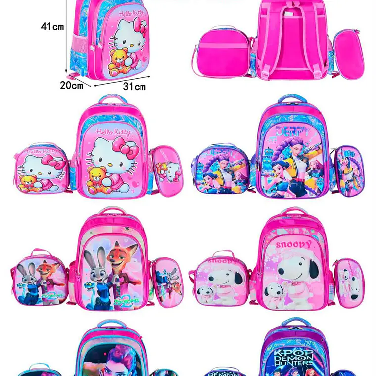 COMBO MOCHILA CON LUZ LED ADAPTABLE AL CARRITO+ LONCHERA + LAPICERA DISEÑOS PARA NIÑAS (PRIMARIA) MOD# 2602 1