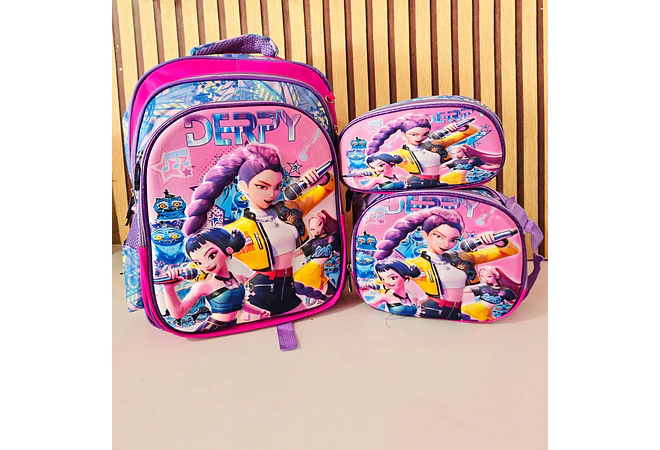 COMBO MOCHILA CON LUZ LED ADAPTABLE AL CARRITO+ LONCHERA + LAPICERA DISEÑOS PARA NIÑAS (PRIMARIA) MOD# 2602