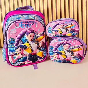 COMBO MOCHILA CON LUZ LED ADAPTABLE AL CARRITO+ LONCHERA + LAPICERA DISEÑOS PARA NIÑAS (PRIMARIA) MOD# 2602