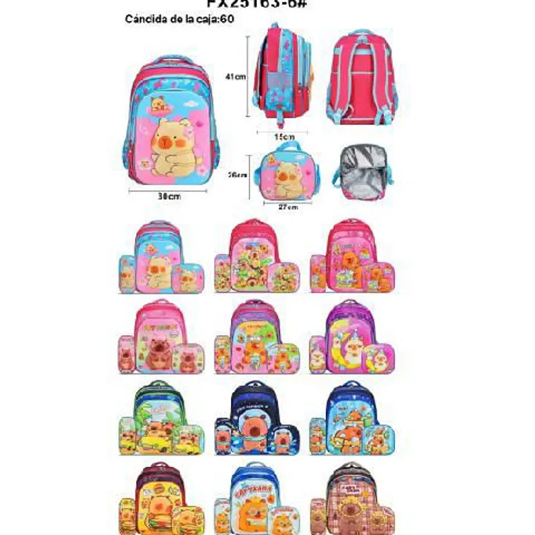COMBO MOCHILA PARA PRIMARIA DISEÑO CAPIBARA AL AZAR MOD# FX25163-6 1