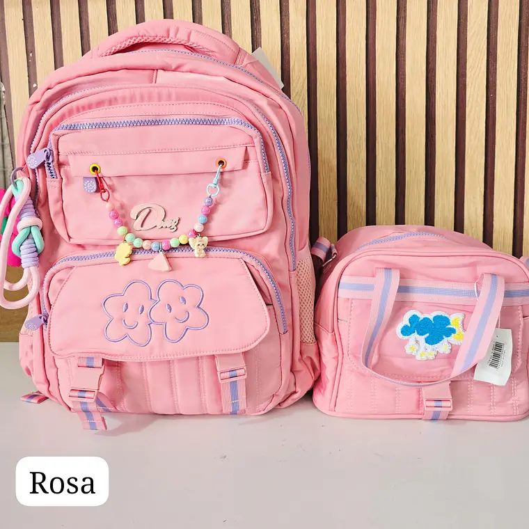 MOCHILA JUVENIL CON COLGANTE FLOR Y PULSERA MOD# S-8004-1🥰 5