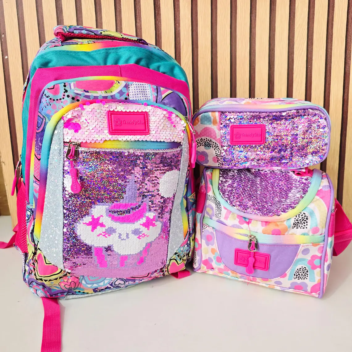 COMBO MOCHILA PREMIUM DE 3PZ TRENDY STAR LENTEJUELA REVERSIBLE MOD# 30201 (varios) 2