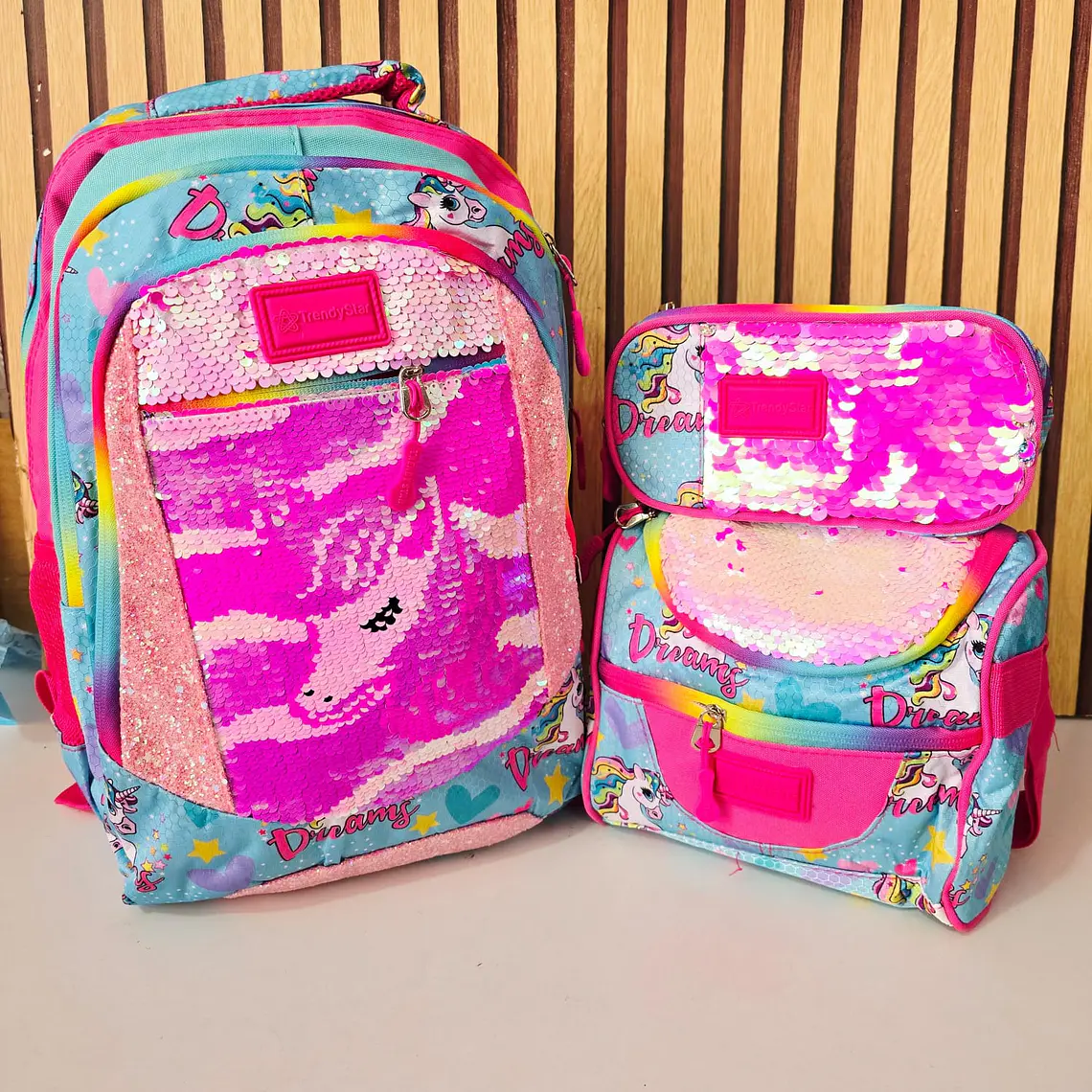 COMBO MOCHILA PREMIUM DE 3PZ TRENDY STAR LENTEJUELA REVERSIBLE MOD# 30201 (varios) 3