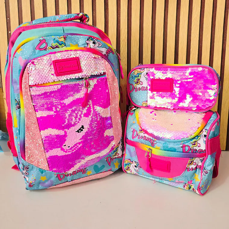 COMBO MOCHILA PREMIUM DE 3PZ TRENDY STAR LENTEJUELA REVERSIBLE MOD# 30201 (varios) 3