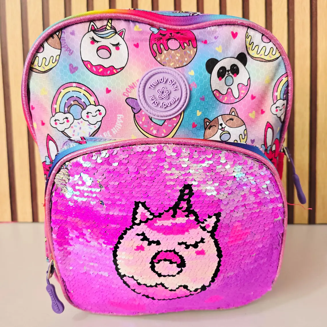 MOCHILA KINDER LENTEJUELAS  REVERSIBLE TRENDY STAR MOD# 30202a ó 30202b 7