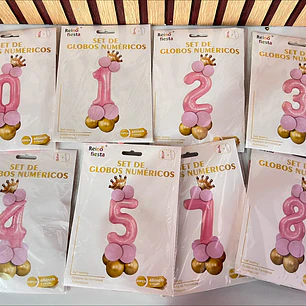 SET DE GLOBOS COLOR ROSA CON GLOBOS Y  CORONITA  MOD# 62017-62026👑