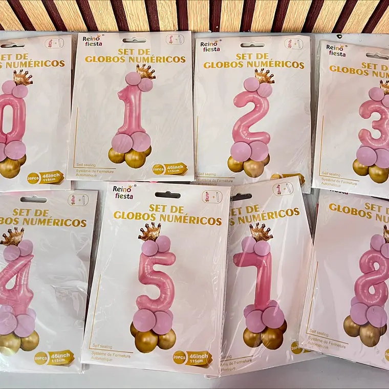 SET DE GLOBOS COLOR ROSA CON GLOBOS Y  CORONITA  MOD# 62017-62026👑 1