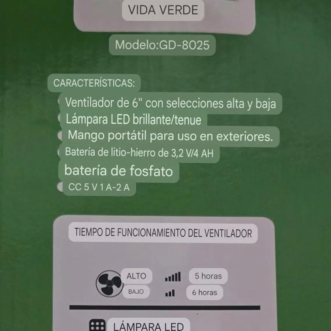 VENTILADOR DE 6 PULGADAS RECARGABLE CON PANEL SOLAR Y FOCO MOD# GD-8025 5