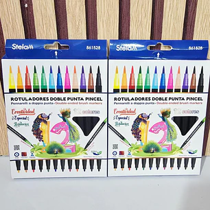 CAJITA CON 12 PLUMONES DOBLE PUNTA (PAVO REAL) MOD# 861528