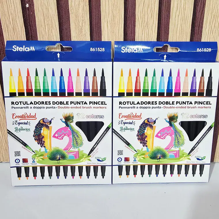 CAJITA CON 12 PLUMONES DOBLE PUNTA (PAVO REAL) MOD# 861528 1