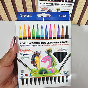 CAJITA CON 12 PLUMONES DOBLE PUNTA (PAVO REAL) MOD# 861528