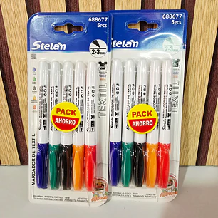 PAQ CON 5 MARCADORES DE TEXTIL VARIOS COLORES MOD# 688677