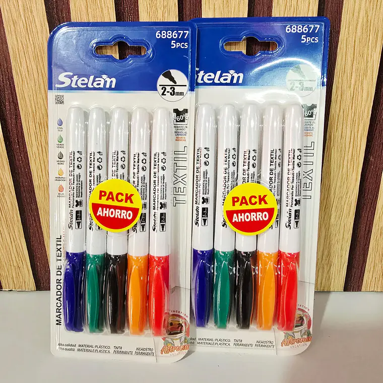 PAQ CON 5 MARCADORES DE TEXTIL VARIOS COLORES MOD# 688677 2