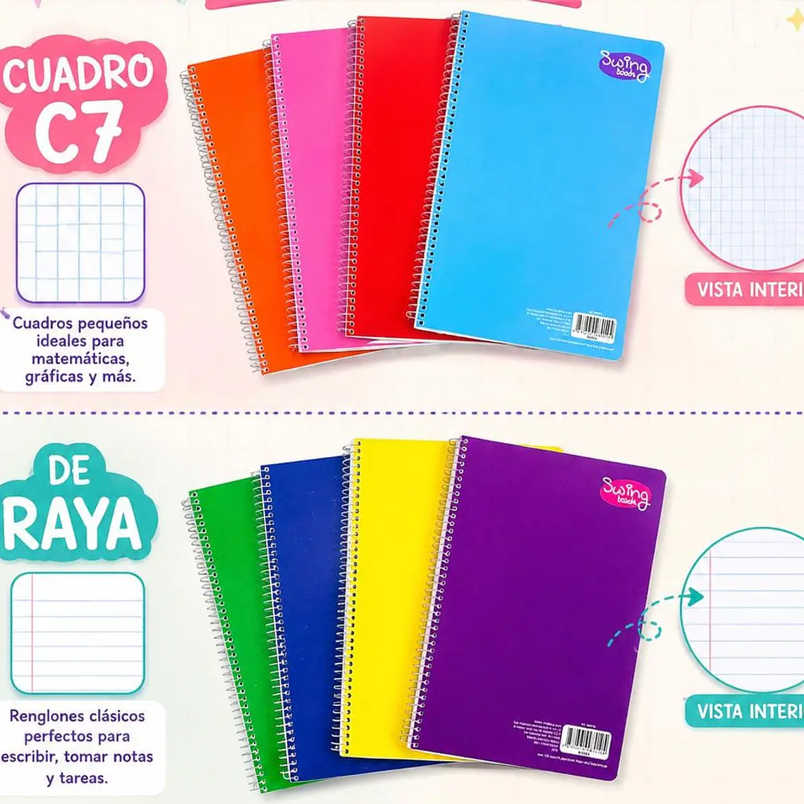 (RAYAS) o (CUADROS)  LIBRETA ECONÓMICA PROFESIONAL SWING BOOK CON 100 HOJAS COLORES LISOS MOD# 08070 ó 08073 1