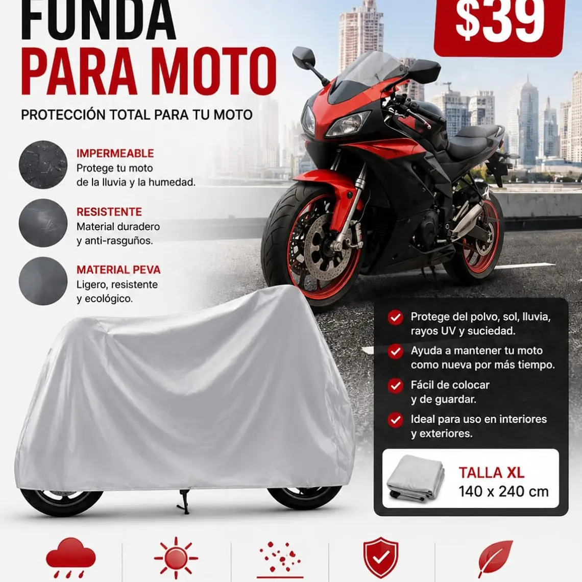 FUNDA CUBRE POLVO/LLUVIA PARA MOTO XL 1