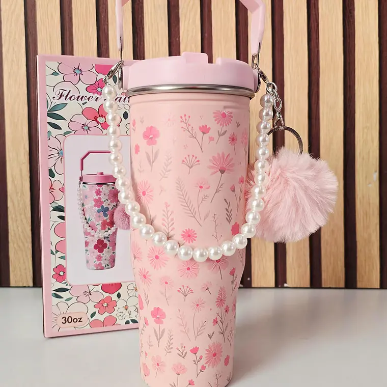 VASO TÉRMICO DE 887ML CON POMPÓN Y PERLAS MOD# VASOS C20 5