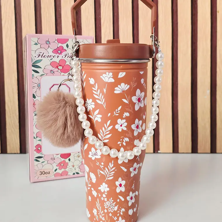 VASO TÉRMICO DE 887ML CON POMPÓN Y PERLAS MOD# VASOS C20 6