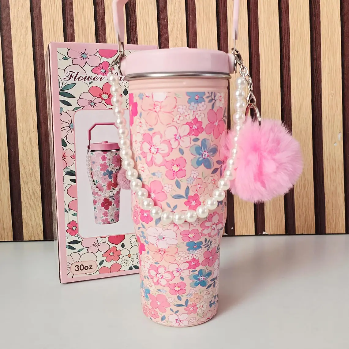 VASO TÉRMICO DE 887ML CON POMPÓN Y PERLAS MOD# VASOS C20 7