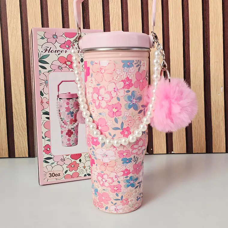 VASO TÉRMICO DE 887ML CON POMPÓN Y PERLAS MOD# VASOS C20 7