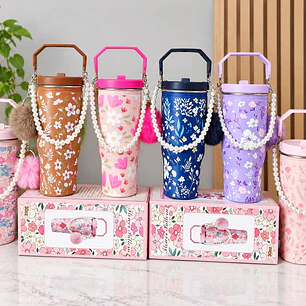 VASO TÉRMICO DE 887ML CON POMPÓN Y PERLAS MOD# VASOS C20
