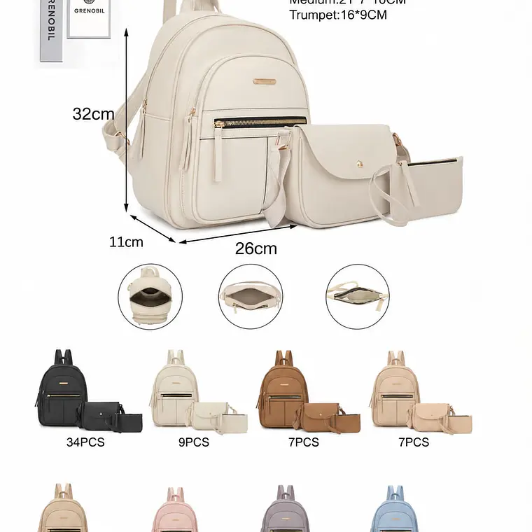 COMBO JUVENIL (3PZ) MOCHILA+MARICONERA+MONEDERO GRENOBIL PARA DAMA MOD# AJN334 1