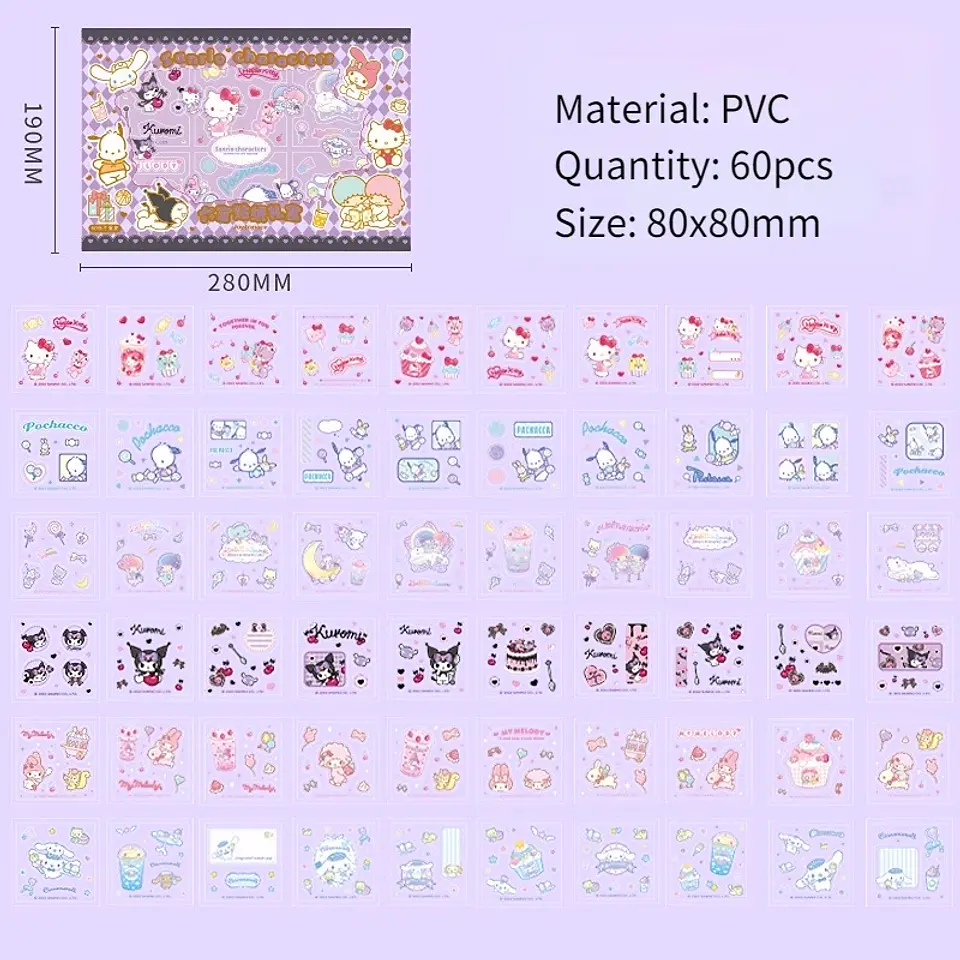 Preventa Set Kuromi En Caja De 60 Sticker Sanrio Pegatinas Decorativas 7