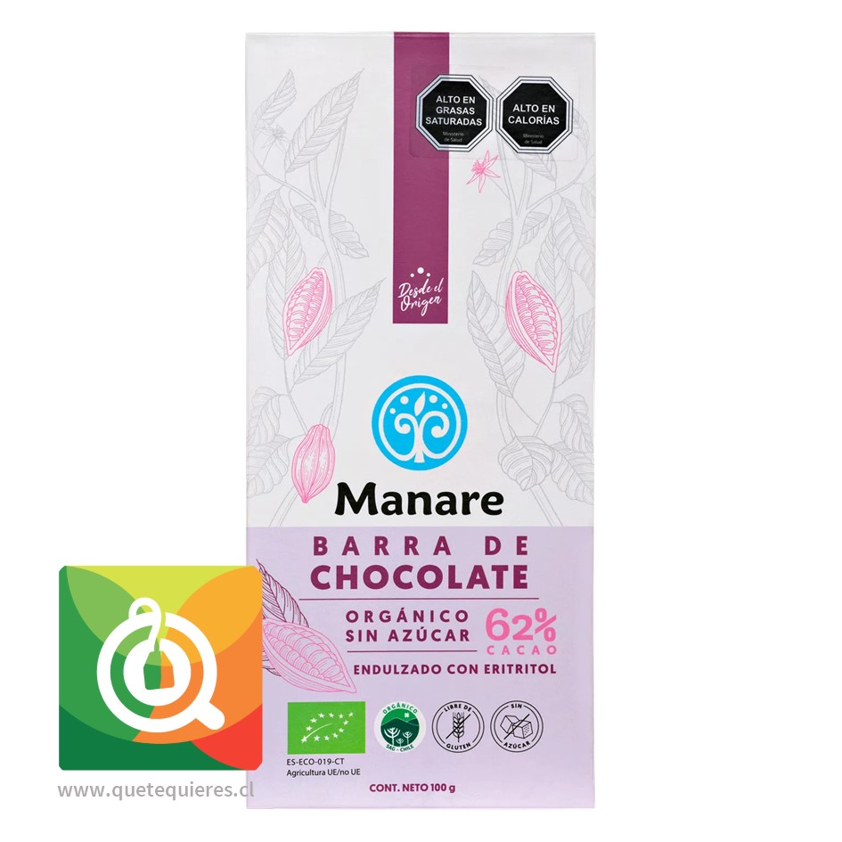 Manare Chocolate Orgánico Sin Azúcar 62% Cacao- Image 1