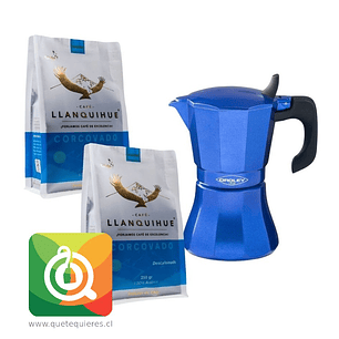 Pack Café Llanquihue Café en Grano Descafeinado 250g x 2 + Cafetera Oroley Italiana 6 Tazas
