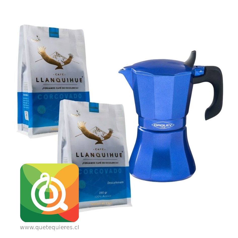 Pack Café Llanquihue Café en Grano Molido Descafeinado 250g x 2 + Cafetera Oroley Italiana 6 Tazas 1