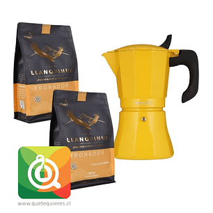 Pack Café Llanquihue Café en Grano Tronador Black 250g x 2 + Cafetera Oroley Petra Mustard Inducción 9 Tazas