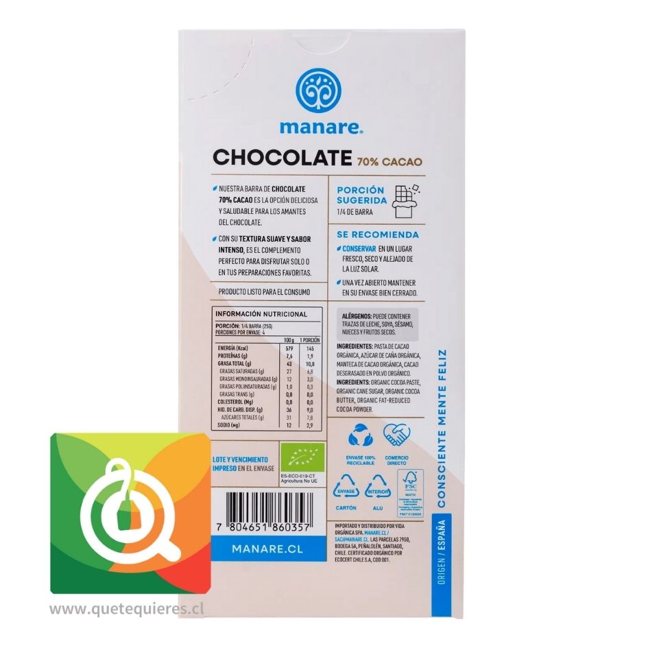 Manare Chocolate Orgánico 70% cacao 2