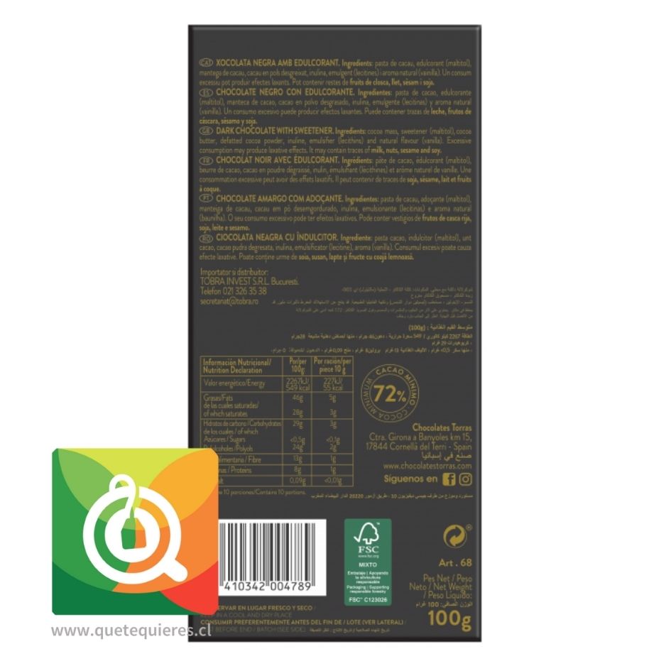 Torras Chocolate Negro 72% ZERO Azúcares 100g 2