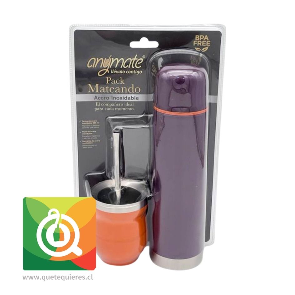 Anymate Termo Bala Morado + Mate con bombilla Naranja 1