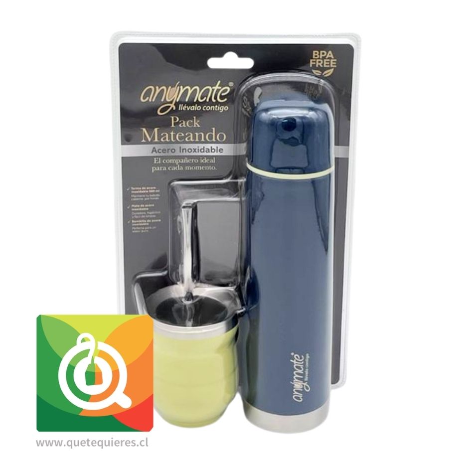 Anymate Termo Bala Azul Marino + Mate con bombilla Verde Claro 1