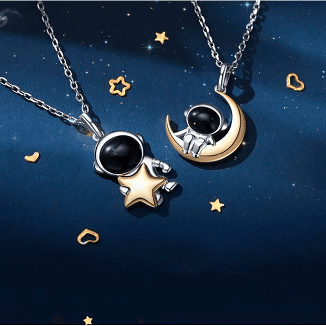 Collar astronautas estrella y luna pareja en plata S925