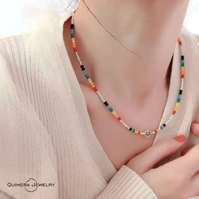 Collar de colores con emoji happy plata S925 mujer