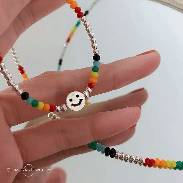 Collar piedras de colores con emoji happy plata S925 mujer