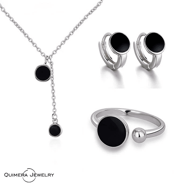 Conjunto minimalista negro en plata S925 mujer (Set collar, aretes, anillo)