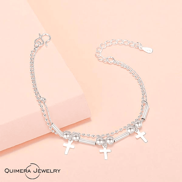 Pulsera doble capa cruces plata S925 mujer