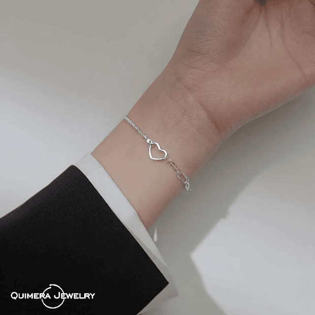 Pulsera corazón dos cadenas plata S925 mujer