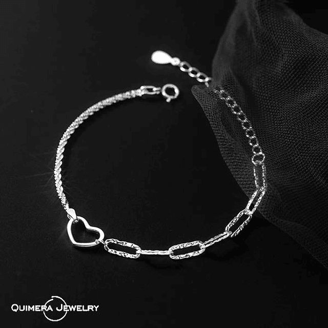 Pulsera corazón dos cadenas plata S925 mujer