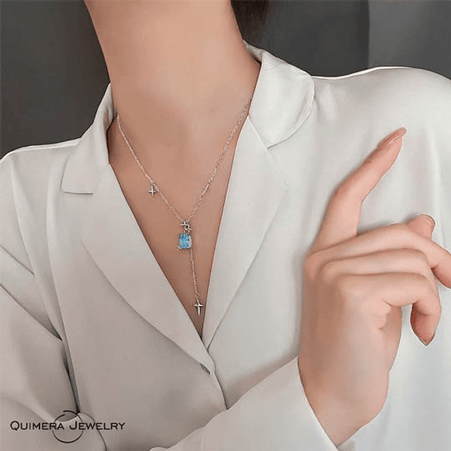 Collar cristal cuadrado con cruces Plata S925 Mujer