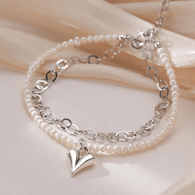 Pulsera de perlas  con corazon Plata S925