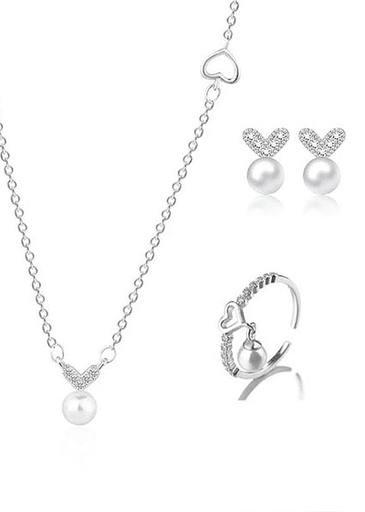 Set collar, aretes y anillo conjunto de perlas blancas y corazones