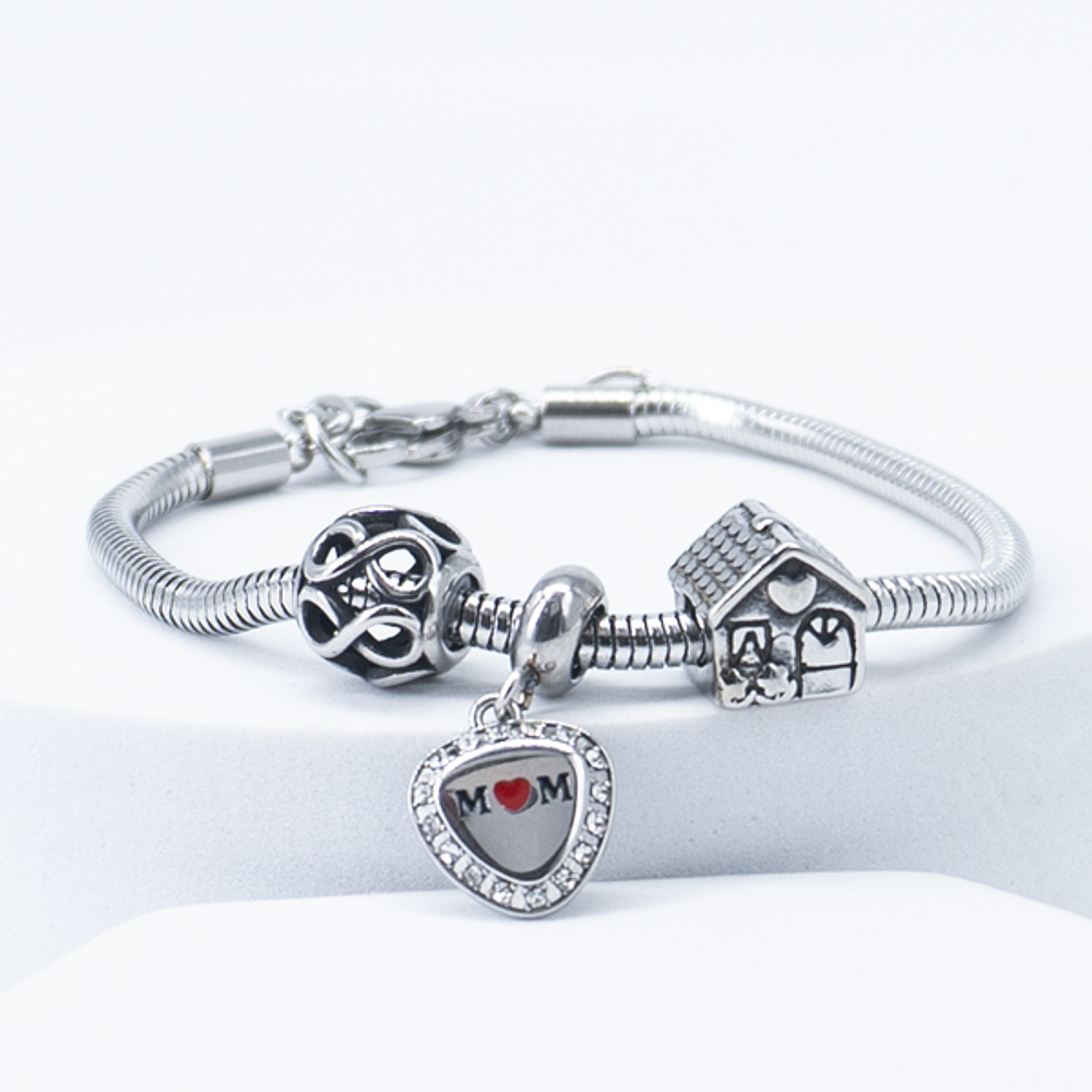 Pulsera ajustable charms mamá, hogar, acero inoxidable