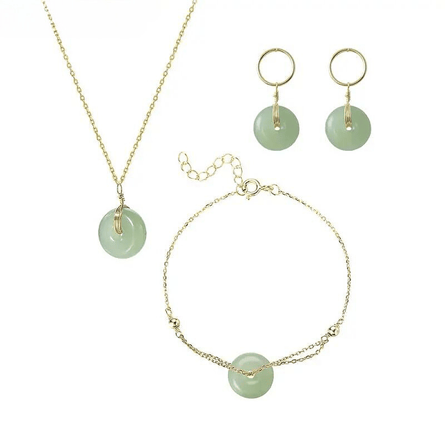 Conjunto piedra verde redonda en plata S925 mujer (Set collar, aretes, pulsera)