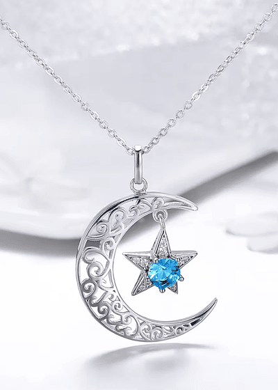 Collar estrella y luna con circón azul Plata Esterlina
