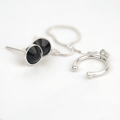 Ear cuff con cadena y arete negro plata esterlina s925