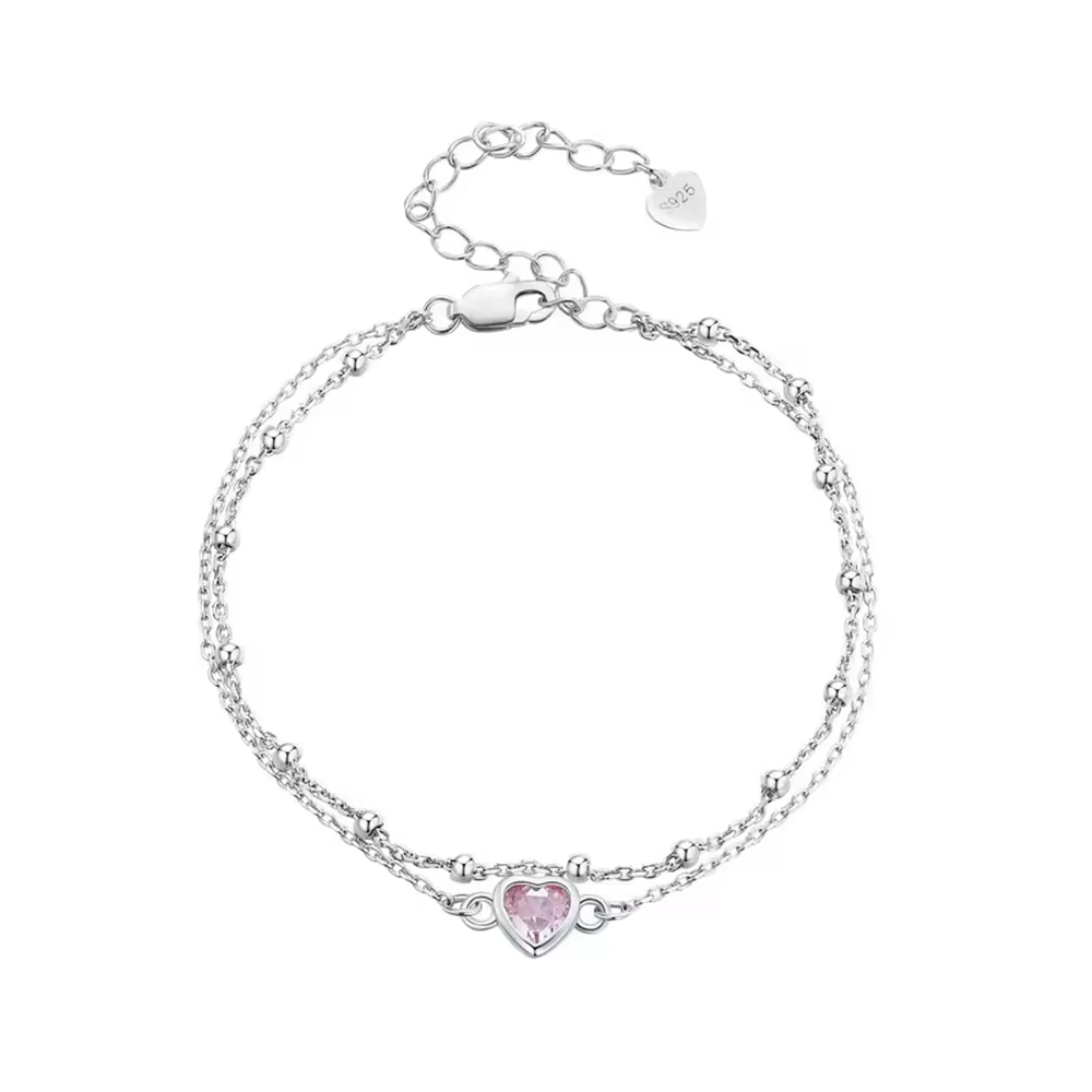 Pulsera doble capa corazón rosa Plata Esterlina