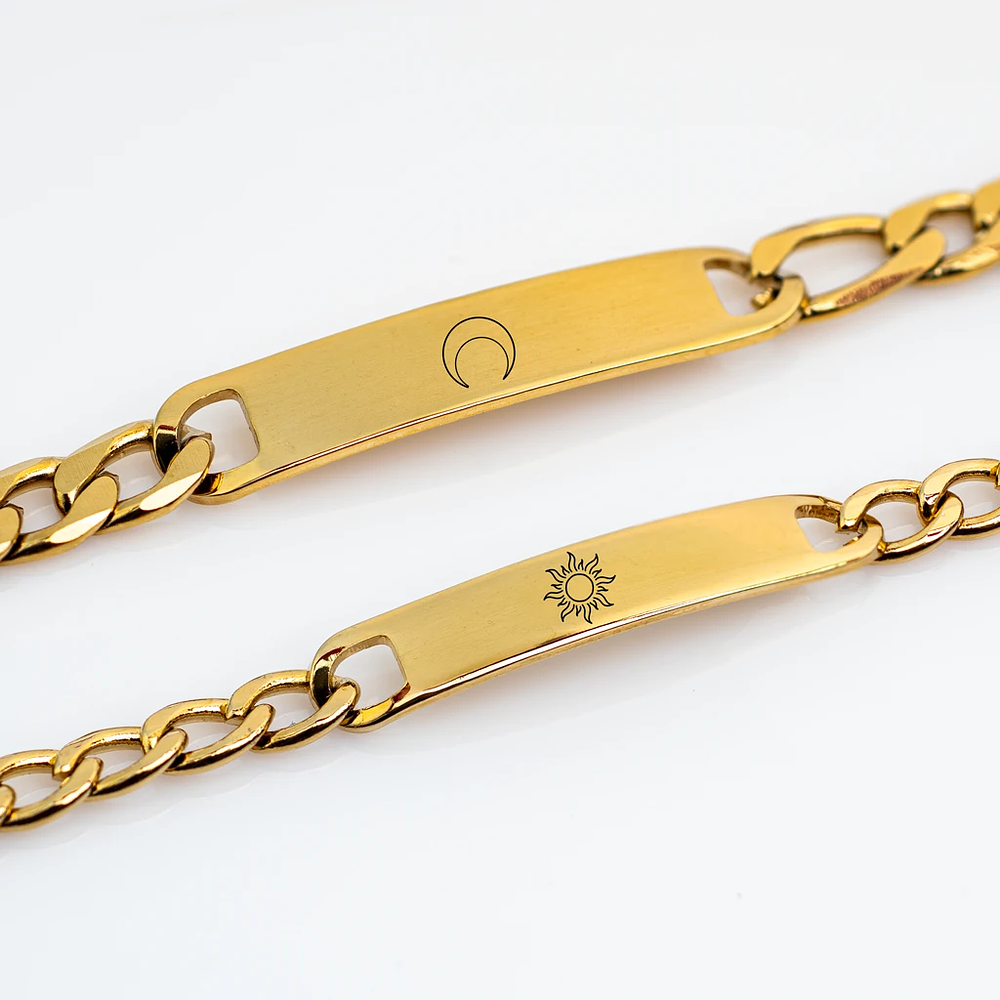 Kit pulseras esclavas doradas para parejas personalizables acero 